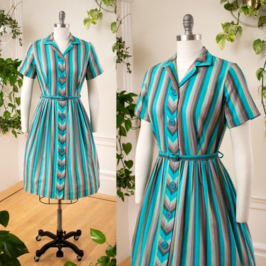 Vintage 1950s Shirt Dress | 50s Striped Cotton Button Up Fit and Flare Teal Chevron Full Skirt Shirtwaist Day Dress (small/medium) 