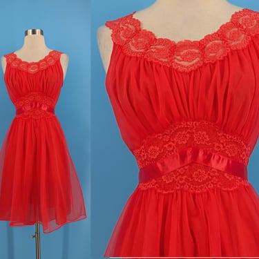 Vintage 50s Vanity Fair XS Red Nightgown - Fifties Vanity Fair Petite Negligee 