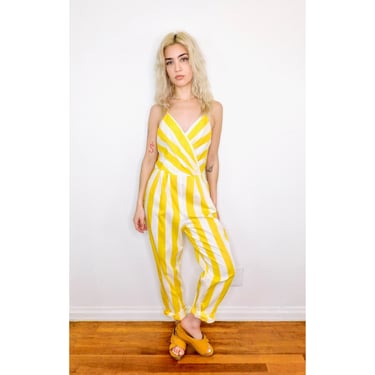 Three's Company Jumpsuit // vintage 70s 80s white yellow striped high waist boho hippie 1970s hippy // S Small 