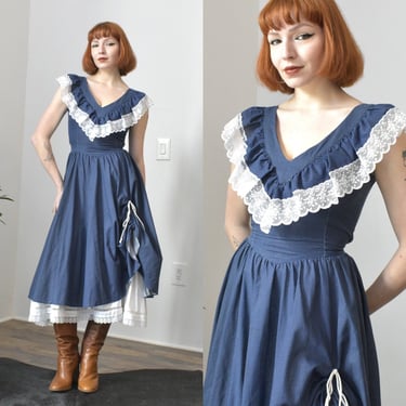 Vintage 1970s Dress / 70s Gunne Sax Swiss Dot Dress / Blue White ( XS S ) 