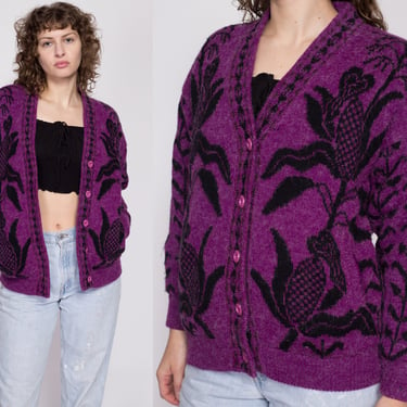 L| 80s Corn Novelty Knit Cardigan - Large | Vintage Boho Purple Black Button Up Fuzzy Sweater 