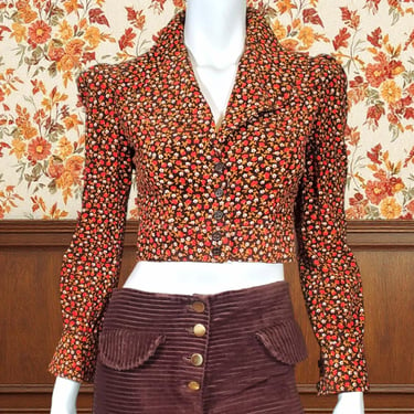 1970s corduroy jacket cropped vintage microfloral print thin wale puff shoulders button up collar huge lapels coquette (XS) 