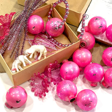 VINTAGE: Christmas Craft Finds - Corsages, Ornaments, Decorations, Crafts - Pink Mercury Beads, Chenille, Glass Bulbs - SKU Tub-400-00034447 
