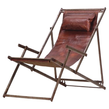 A French Folding Iron and Leather Lounge Chair, C. 1970.