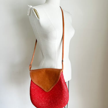 Vintage 1980s Leather and Red Straw Crossbody Bag 