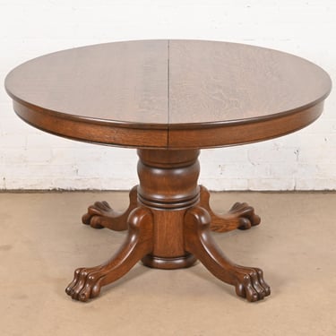R. J. Horner Style Antique Victorian Oak Pedestal Extension Dining Table With Lion Paw Feet, Newly Refinished