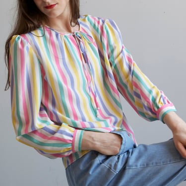 pastel striped puffed sleeve blouse / 80s catherine de montezemolo sz M 