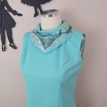 Vintage 1960's Beaded Cocktail Dress / 60s Mint Teal Shift Dress S 