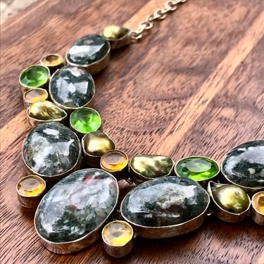 Vintage Multi Gemstone Necklace Sterling Silver Black Pink Green Stone Abalone Crystal Jewelry 