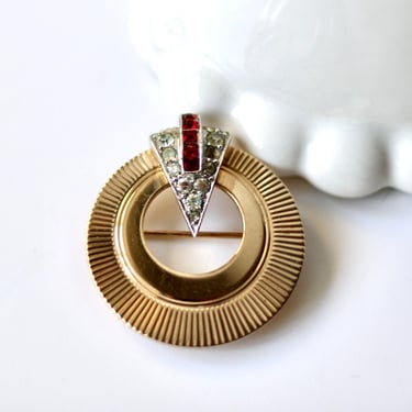 1950s Art Deco Style Unsigned Marcel Boucher Ruby and Pavé Diamanté Brooch - 50s Vintage Estate Jewelry 