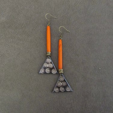 Ethnic earrings, tribal dangle earrings, horn Afrocentric African earrings, bold statement carved bone earrings, primitive exotic orange 