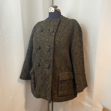 Tweed Swing Coat 1960s Vintage Brown Black Herringbone Jacket Big Button L 