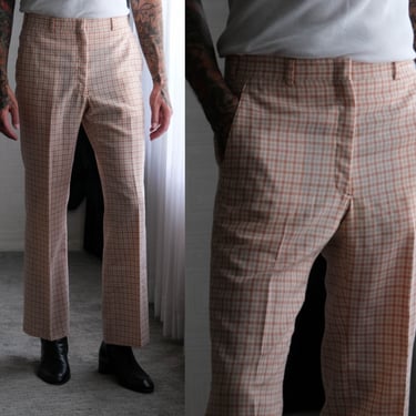 Vintage 70s Christian Dior Peach & Mint Cotton Linen Flare Leg Slacks | Tailored By HSM | Made in USA | 1970s DIOR Designer Mens Dress Pants 