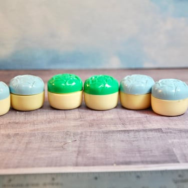 Miniature Celluloid Shakers 3 Sets Blue & Green Caps Celluloid Collectible Retro Kitchen Mid Century Screw Lids Salt Pepper Spice Glitter 6 