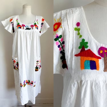 Vintage Mexican Folk Embroidered Cotton Dress / M-L 