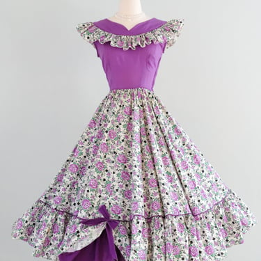 Fantastic 1950's French Violet Rose Cotton Dress / Sz SM