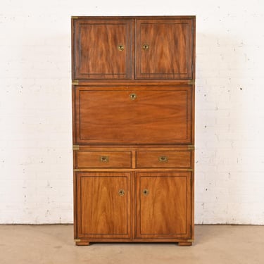 Thomasville Mid-Century Modern Hollywood Regency Campaign Walnut and Brass Secretary Desk Cabinet, 1970s