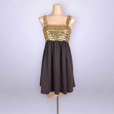 VINTAGE 60s 70s Gold Sequin Mini Babydoll Dress by Coco California Size 12 | 1960s 1970s Mod Mini Disco Dress | VFG 