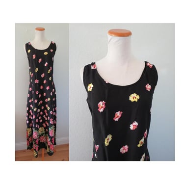 Vintage 90s Maxi Dress - Express Black Floral Print Sleeveless Rayon Sundress - Size XL - NWT 