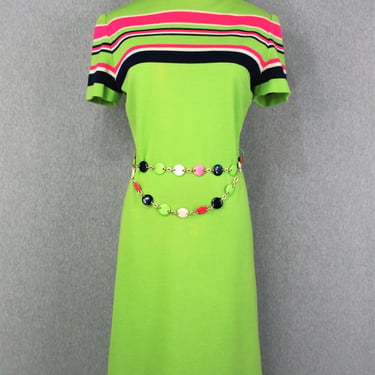 1960 - 1970s - Wool Knit - Lime Green - Stripe - Sweater Dress - Estimated size M 