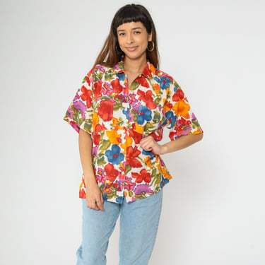 Vintage Bright Floral Blouse M 90s Button Up Shirt Red Yellow Blue Flower Print Retro Short Sleeve Collared Top 1990s Oversized Medium 