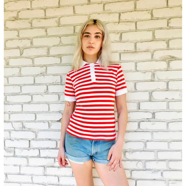 I, Jonathan Polo Shirt // vintage 70s 1970s cotton boho tee t-shirt t top striped thin hippy white red 80s // S Small 