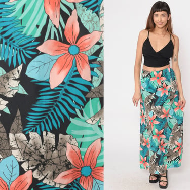 Floral Maxi Skirt 80s Tropical Summer Skirt Fern Print High Elastic Waist 1980s Long Vintage Blue Green Orange Boho Hippie Festival Small 