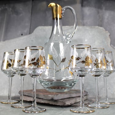 Mid-Century Decanter and Cordial Glass Set | 6 Cordial Glasses and Gold Leaf Design with Etched Leaves | FREE SHIPPING 