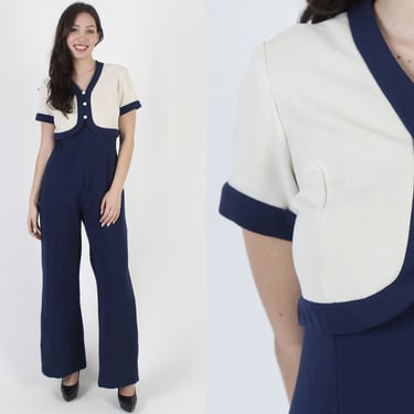 70s Navy Disco Utility Jumpsuit, Vintage Solid Coverall Lounge Suit, 1970's Bell Bottom Palazzo Playsuit 