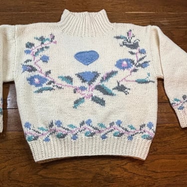 Vintage Susann D Handknitted Blue and White Floral Wool Coquette Sweater, M 