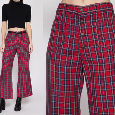 Medium 70s Red Plaid Flared Pants 30" | Retro Vintage Mid Rise Punk Toughskins Bell Bottom Trousers 