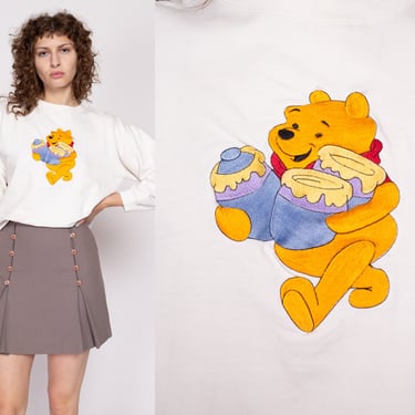 Large 90s Winnie The Pooh Sweatshirt | Vintage White Disney Cartoon Embroidered Graphic Crewneck 