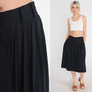 Black Pleated Skirt 80s Button up Midi Skirt Retro Preppy Secretary Skirt High Waisted Modest Basic Plain Simple Vintage 1980s Medium 