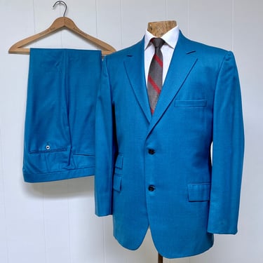 Vintage 1960s Sharkskin Suit, Mid-Century Blue Wool Glen Plaid Single Breasted Jacket and Flat Front Sansabelt Trousers, Size 42 