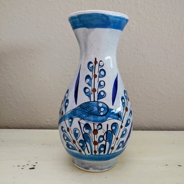 Vintage Tonala Made in Mexico Blue Pottery Vase Bird 