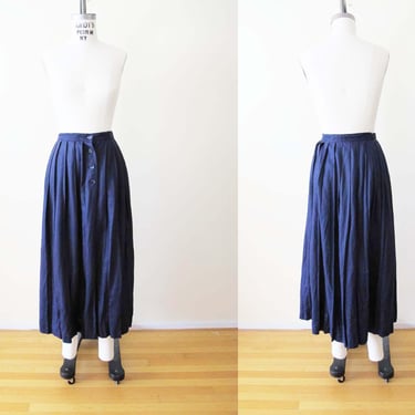 Vintage 80s Navy Blue Linen Pleated Midi Skirt 30 Waist - Allen Solly 1980s Dark Blue Classic Long Natural Fiber Skirt - Cottage Preppy 