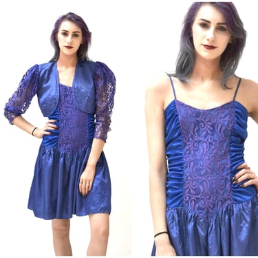Vintage 80s Prom Dress Size Small Blue with Lace tank dress Cropped Bolero Jacket// Vintage 80s Party Dress Size Small 