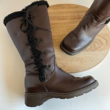 Henri-Pierre Vintage Brown Leather Lace Up Lined Square Toe Zipper Winter Boots 