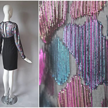 vtg 90s handmade black and colorful rainbow metallic sheer pencil dress | long sleeve little black party evening holiday lace short dress 