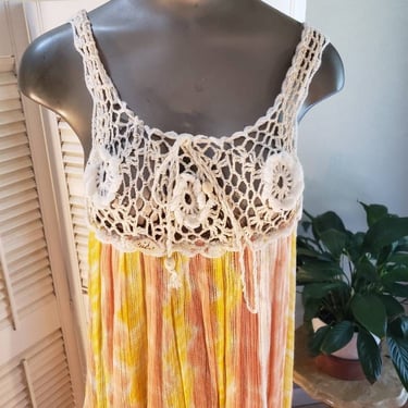 Vintage 80s/70s Beachy Tied Dye  Gauze Dress One Size Crochet Top 