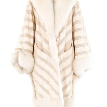 Fox Fur Trimmed Ivory Snakeskin Coat