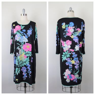 Vintage 60s 70s Leonard Paris dress, silk jersey, floral, rare designer, plus size 