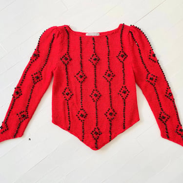 1980s Red + Black Beaded Puff Shoulder Sweater 