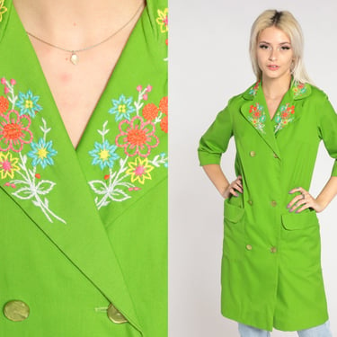 Lime Green Trench Coat 60s 70s Floral Embroidered Jacket Double Breasted Long Button Up 3/4 Sleeve Flower Light Jacket Vintage 1960s Small S 
