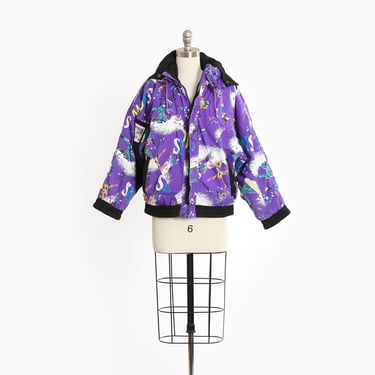 Vintage 80s Snowboarding novelty print purple puffer jacket 