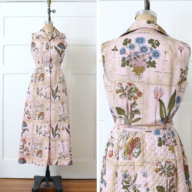 vintage 1960s 70s botanical print dress • light pink full length dress with quilted skirt & antique floral print 