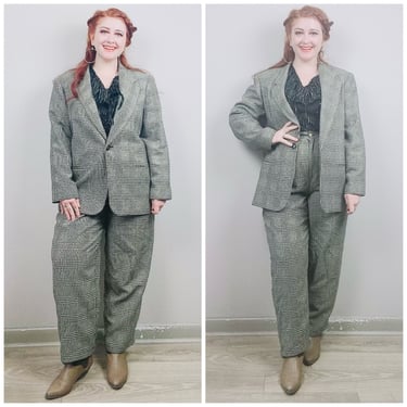 1980s Vintage Requirements Acrylic Wool Black and White Suit / 80s / Eighties Oversized Blazer and High Waisted Pants Plaid Set /Size XL/XXL 