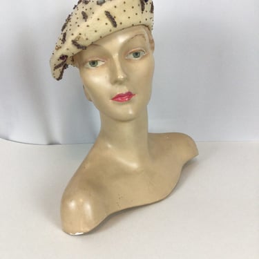 Vintage 40s hat | Vintage ivory beaded wool beret hat  | 1940s Transberet Inc millinery 