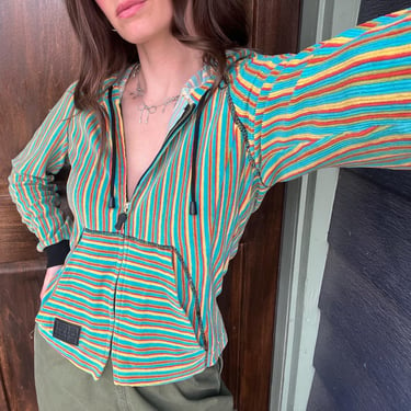 90’s vintage Anna Sui Jeans teal, lime green, orange & yellow striped velour corduroy zip up sweatshirt 