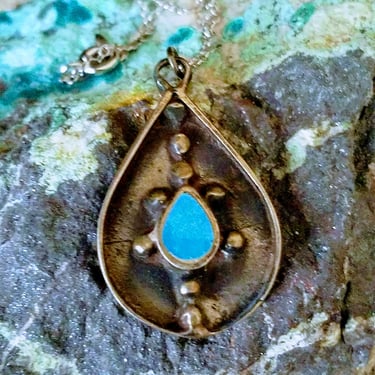 Vintage Blue Turquoise Pendant~Old Pawn Native American Necklace~Teardrop Shape~Turquoise Jewelry~ Sterling Silver 925~JewelsandMetals 